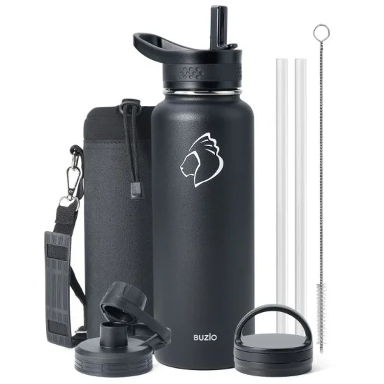 Buzio Trio Series Water Bottle with 3 Lids and Sleeve 1.2L - Black